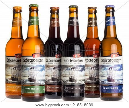 GRONINGEN, NETHERLANDS - DECEMBER 16, 2017: Collection of Stortebeker Weizen, Keller, Porter, Schwarz, Roggen and Pilsener beers isolated on a white background