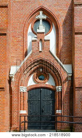 Entrance to Catholic church of Ascension of Blessed Virgin Mary Palanga Lithuania