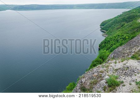 Aerial View On The Dniester Canyon, River And Bakota Bay In National Park Podillya Tovtry. Location