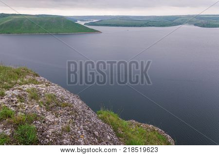 Aerial View On The Dniester Canyon, River And Bakota Bay In National Park Podillya Tovtry. Location