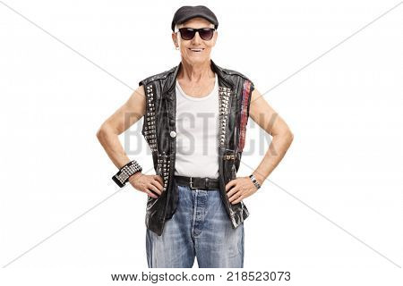 Old punker looking at the camera and smiling isolated on white background