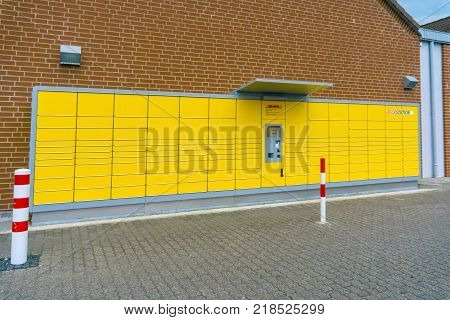 WETZLAR GERMANY JUNE 2017 DEUTSCHE POST cargo terminal and logo Germany. Deutsche Post AG is a German courier company and the world's largest.