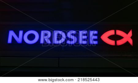 GIESSEN GERMANY DECEMBER 2017: Illuminated Logotype of NORDSEE. NORDSEE is a german seafood compoany chain based in Bremerhaven.
