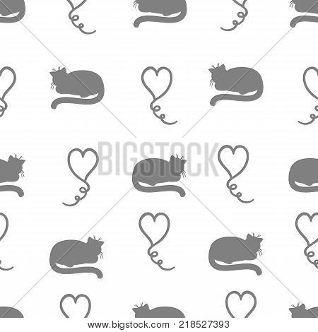 Seamless pattern with cats and cute hearts by hand drawing. Vector illustration of a gray on white background. The theme of love cats and hearts.