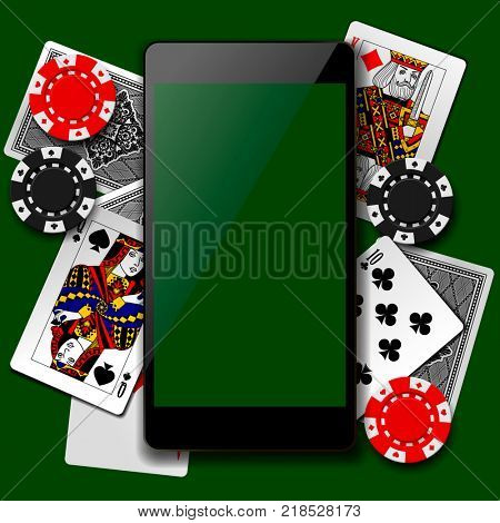 Modern phone on playing cards and casino chips background. Mobile casino game concept