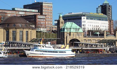 HAMBURG, GERMANY - MARCH 8th, 2014: Landing bridges, with dome from the old Elbtunnel-