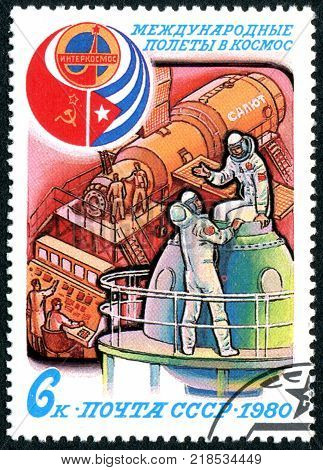 USSR - CIRCA 1980: A stamp printed in the USSR dedicated to the Soviet-Cuban Space Flight shows a crew training in Gagarin training center circa 1980