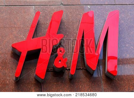 Stockholm Sweden - May 18 2017: The Swedish multinational clothing-retail company Hennes and Mauritz H&M logo at shop on Klarabergsgatan in downtown Stockholm.