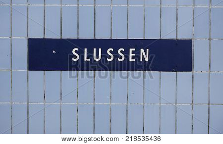 Stockholm Sweden - April 29 2014: Close up of the Stockholm metro station Slussen sign at the station platform.