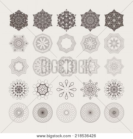 Circular drawing, mandalas for your projects. Set of abstract design elements. Decorative retro ornament. A painted background with geometric colors. Vector graphic black and white drawings.
