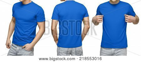 Young male in blank blue t-shirt, front and back view, isolated white background with clipping path. Design men tshirt template and mockup for print.