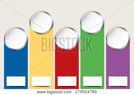 White circles with metallic silver edges and colorful places for iformation text. 5 options modern template design.