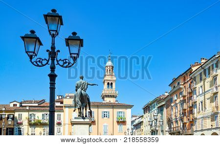 Italy Piedmont Casale Monferrato Piazza Mazzini and the equestrian statue dedited to Carlo Alberto
