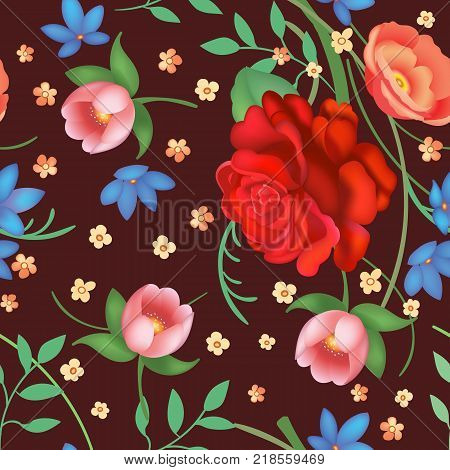 Shabby chic vintage roses, tulips and forget-me-nots vintage seamless pattern, classic chintz floral repeat background for web and print. Vector illustration