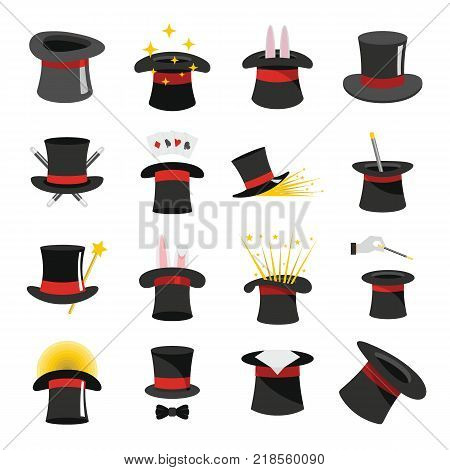 Magician hat sorcery icons set. Flat illustration of 16 magician hat sorcery vector icons for web