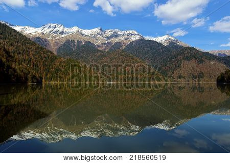 Caucasus. Abkhazia. Riza lake, yellow autumn-green forest and white snow peaks, reflecting in the calm water of the lake.