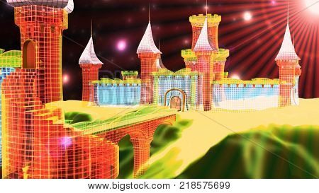 3D rendering of a medieval castle scene against the backdrop of an alien sky
