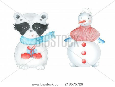 Watercolor cartoon snowman and raccoon in childish style isolated on white background. Snowman with cheerful smile. Hand painted illustration can be used for christmas, new year, winter design