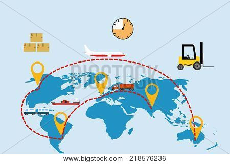 International logistic company worldwide operations. Air cargo trucking rail transportation. Flat design vector illustration vector.