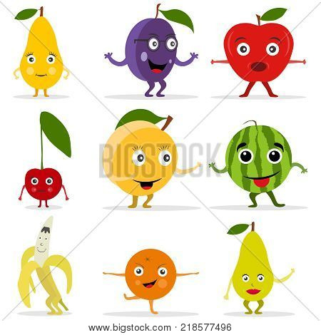Funny fruit face and cartoon fruit characters. Cartoon funny fruits characters and fruits face. Flat design vector illustration vector.