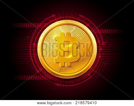 Abstract technology HUD bitcoin symbol. Golden bitcoin coin on dark background. Virtual money Digital currency. Vector stock illustration. EPS 10