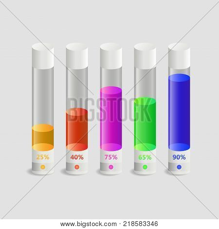 test tubes filled with colored liquid 25,40,75,65,90 percent