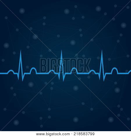 ECG on blue background with lines, dots, technology concept. Healthcare medical backdrop with heart cardiogram. For use in medical banners, posters, templates. Cardiology concept with pulse rate diagram.
