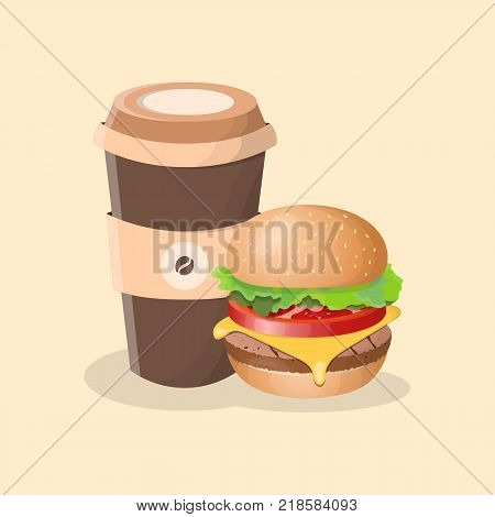 Burger and cup of coffee - cute cartoon colored picture. Graphic design elements for menu, poster, brochure. Vector illustration of fast food for bistro, snackbar, cafe or restaurant