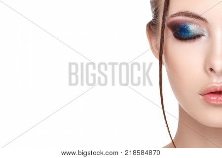 Close up half face portrait of girl with perfect fresh clean skin young model with beautiful glamorous makeup wet effect on her face and body eyes closed copy space your text here front view