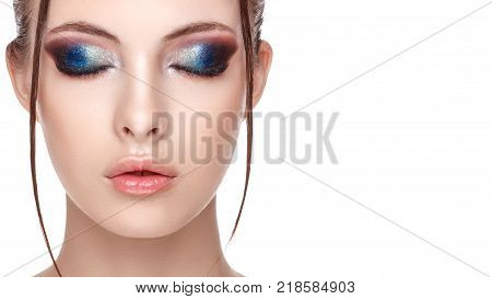 Close up half face portrait of girl with perfect fresh clean skin young model with beautiful glamorous makeup the wet effect on her face and body eyes closed copy space your text here front view