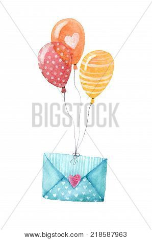 Isolated watercolor illustration of an envolope and balloons. A happy birthday gift.