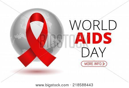 Vector Stock Illustration for World AIDS Day. 1st December World Aid Day Awareness poster with red ribbon and world map or planet Earth on white background.