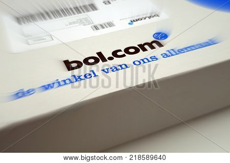 Amsterdam, The Netherlands-  December 17, 2017: Bol.com shipping delivery box close up. Bol is the most popular and biggest online store in the Netherlands.