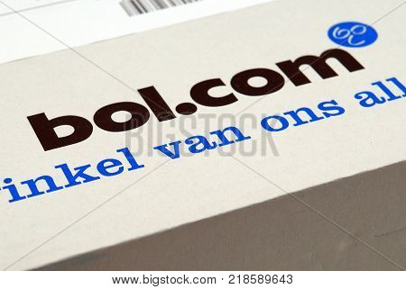 Amsterdam, The Netherlands-  December 17, 2017: Bol.com shipping delivery box close up. Bol is the most popular and biggest online store in the Netherlands.