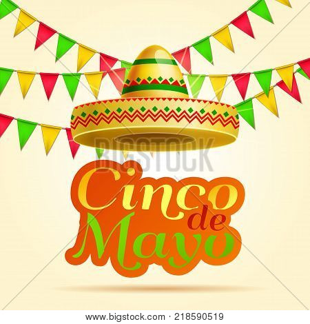 Cinco De Mayo lettering celebration vector background with sombrero, chili paper, garland , maracas  royalty free stock for greeting card, ad, promotion, poster, flyer, social media