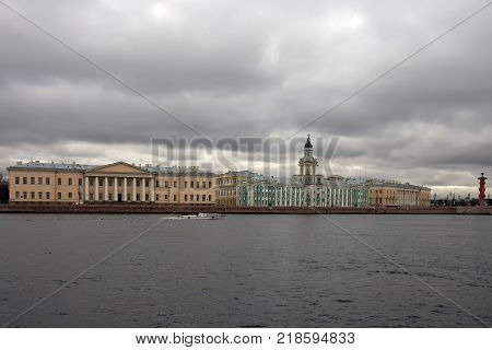 View of the University embankment and the Neva river in St. Petersburg. The historic city centre. The Academy of Sciences the Kunstkammer and Zoological Museum.
