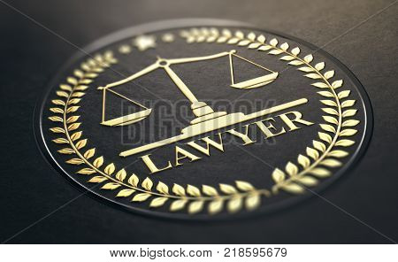 Lawyer symbol golden stamp with scales of justice and laurel wreath embossed on black paper background. 3D Illustration