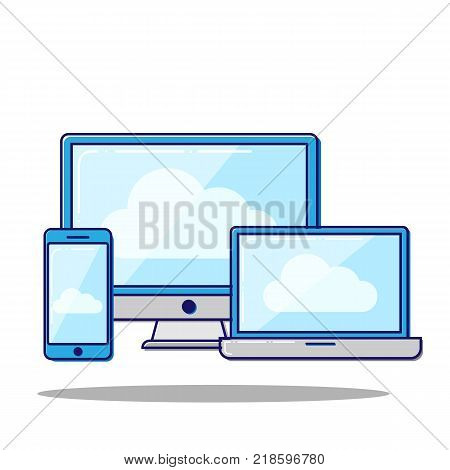 Flat Vector illustration of cloud computing concept on different electronic devices.
