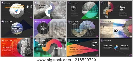 Clean and minimal presentation templates. Colorful elements on a black background. Brochure cover vector design. Presentation slides for flyer, leaflet, brochure, report, marketing, advertising.