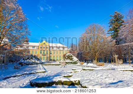 Snow covered city park in a winter day. Oliwa Poland.