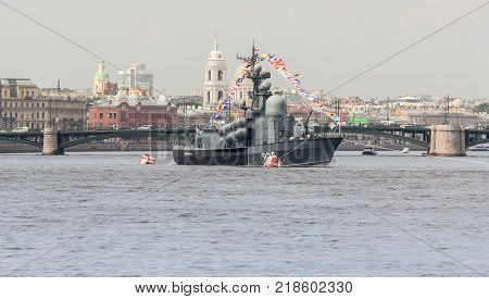 St. Petersburg, Russia - 28 July, Rocket boat on the roadstead, 28 July, 2017.
Festive parade of warships on the Neva River in St. Petersburg.