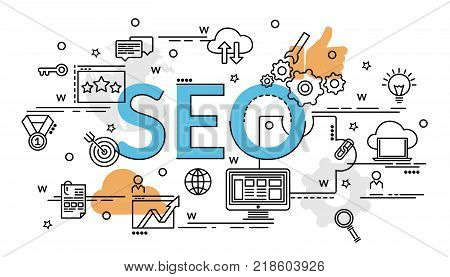 Flat colorful design concept of SEO. Infographic idea of making creative products. Template for website banner flyer and poster.
