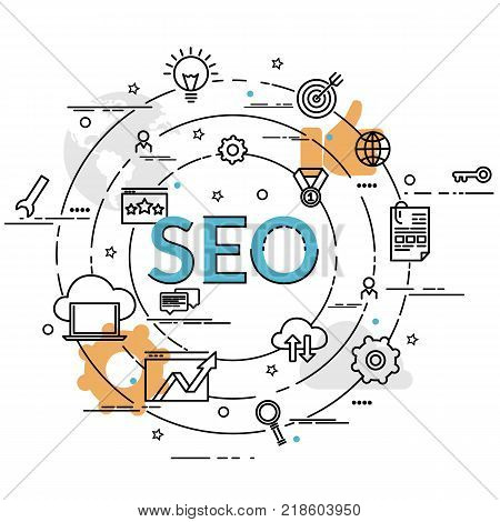 Flat colorful design concept of SEO. Infographic idea of making creative products.Template for website banner flyer and poster.