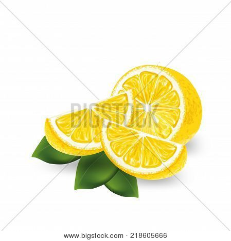 Isolated colored group of lemons, half, slice and whole juicy fruit with green leaves on a white background. Realistic citrus fruits.