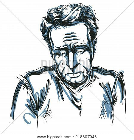 Vector drawing of crying depressed man feeling sorry about something. Black and white portrait of distressed guy.