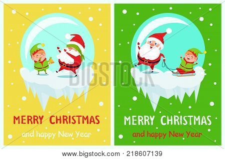 Merry Christmas and Happy New Year greeting card with Santa and Elf having fun together by playing hide-and-seek and riding on sleigh vector characters.