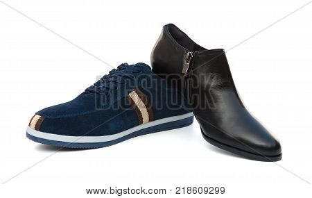 black shoe for husband and black one for wife on white as filiation concept