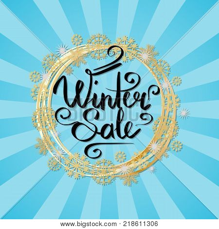 Winter sale poster in decorative frame made of silver and golden snowflakes and round circles, snowballs of gold in x-mas border isolated on blue with rays