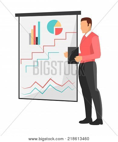 Businessman with paper standing by whiteboard with chart, diagrams and schemes on it, vector illustration isolated on white background