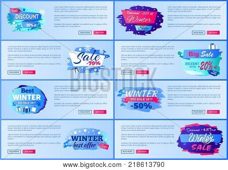 Best discount -30 off winter sale, collection of web pages with different headline decoration and text sample on vector illustration